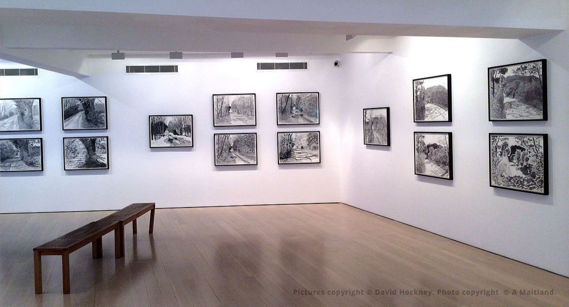 2014 exhibition visit Hockney Annely Juda gallery London UK, iPad and charcoal drawings