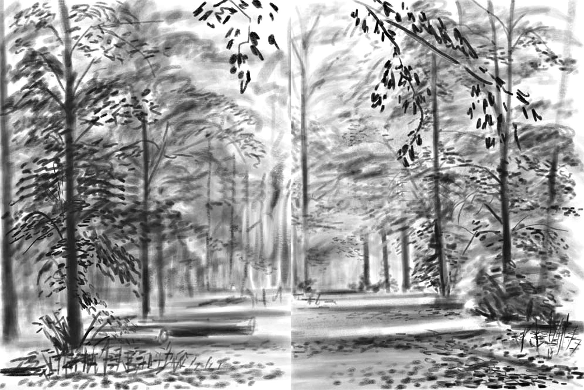 Andy Maitland first iPad drawing drawn across two iPad canvases, black and white