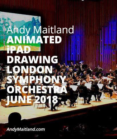 Andy Maitland, iPad Artist, choreographed animated iPad drawing at The London Symphony Orchestra, London, UK