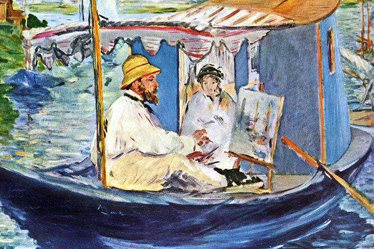 Manet painted Claude Monet (accompanied by his wife Camille) painting in his mobile studio boat in the summer of 1874 at Gennevilliers.